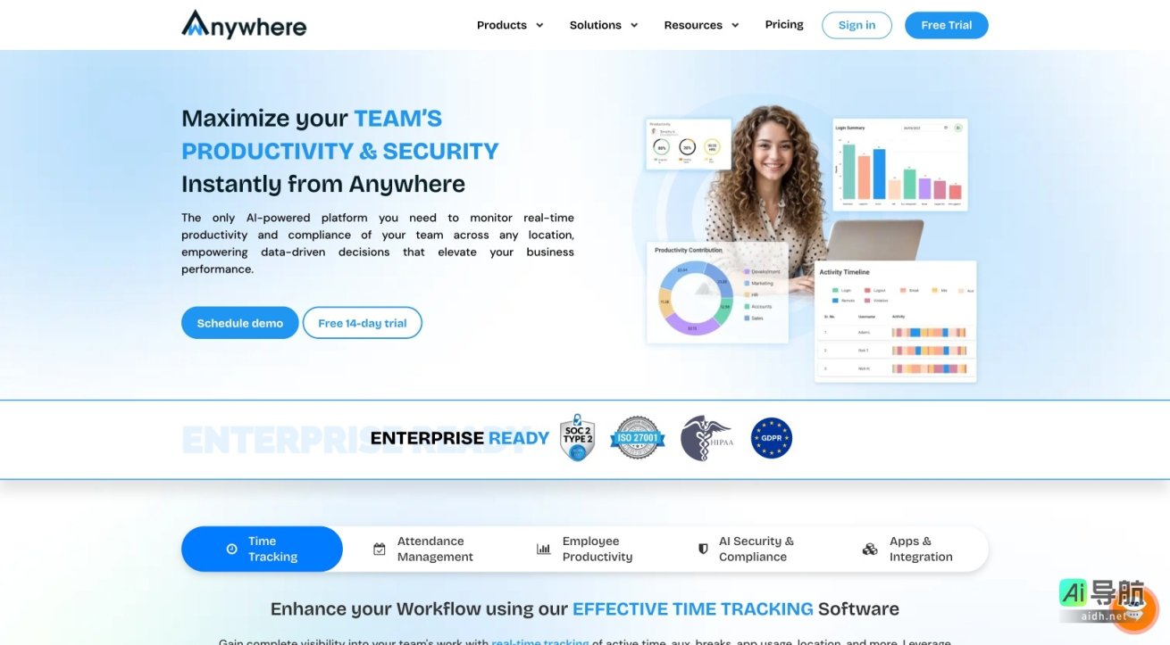 wAnywhere 是一款AI驱动的团队生产力与安全监控平台，助力企业实现高效管理与数据合规 网站截图