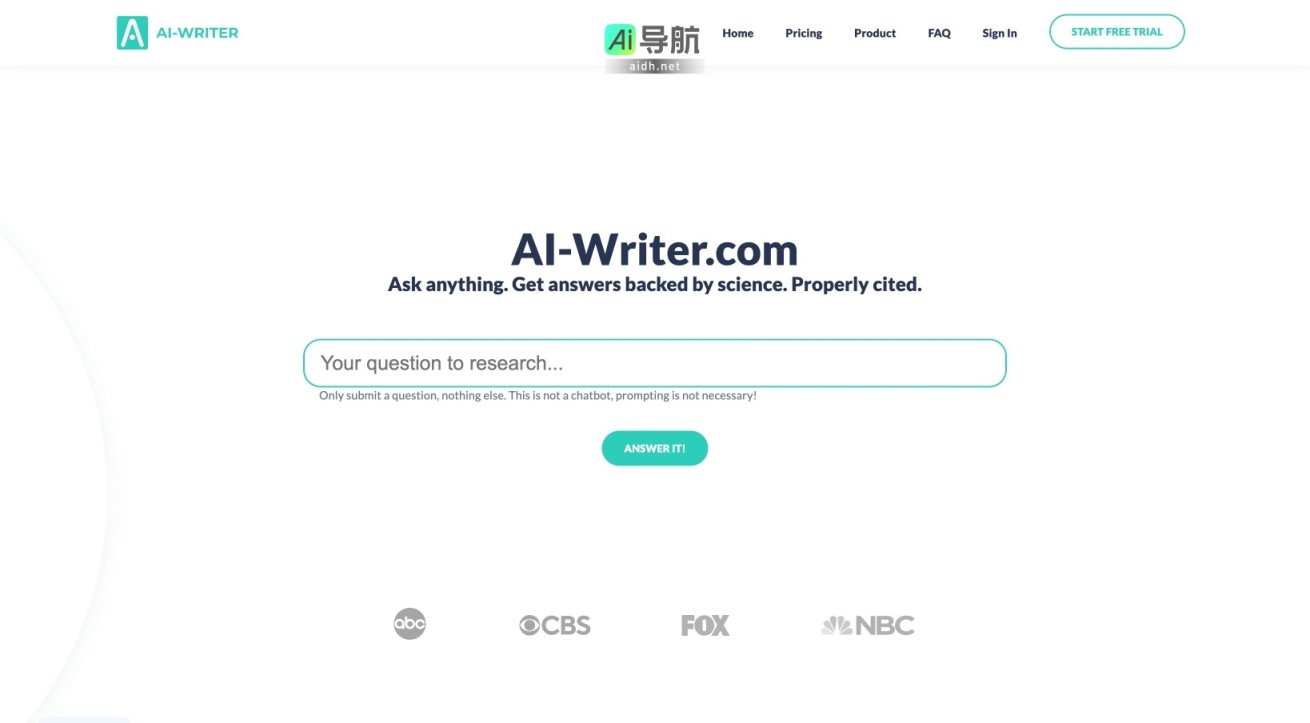 AI Writer 提供基于科学文献的可信赖研究答案，助力学术写作与信息验证 网站截图