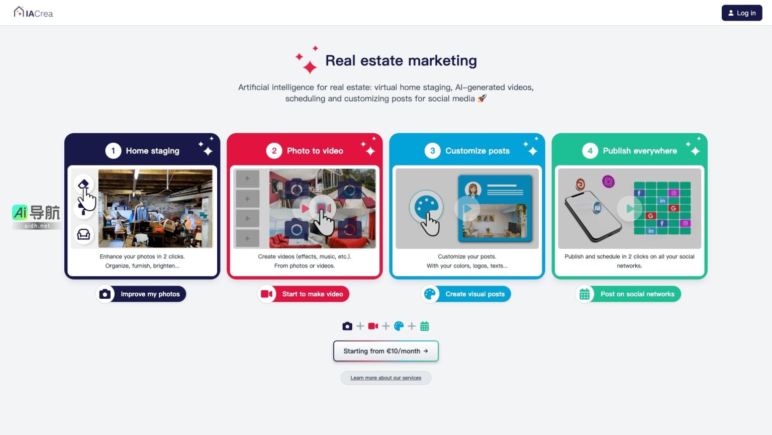 IACrea 利用人工智能提升房地产营销，提供虚拟家居布置、视频制作和社交媒体发布服务 网站截图