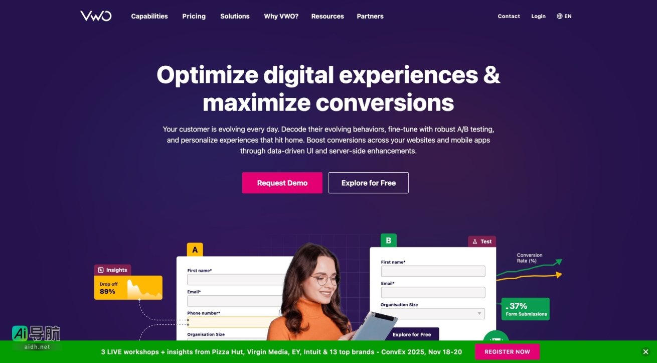 Website VWO致力于优化数字体验，通过数据驱动的测试和个性化提升转化率 网站截图