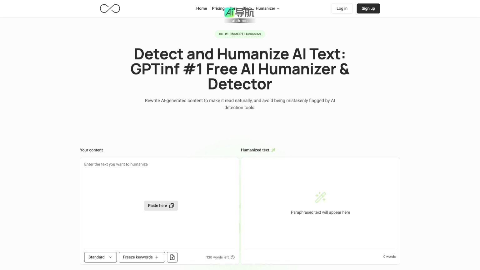 GPTinf 提供高效的AI文本人性化和检测工具，帮助用户将AI生成内容转化为自然流畅的文本 网站截图