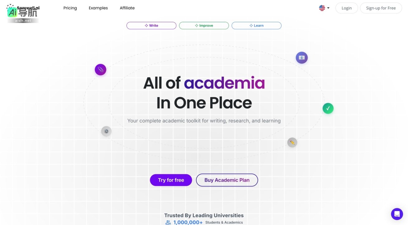 Samwell.ai 提供全面的学术写作工具，助力高效生成高质量、引用准确的论文 网站截图