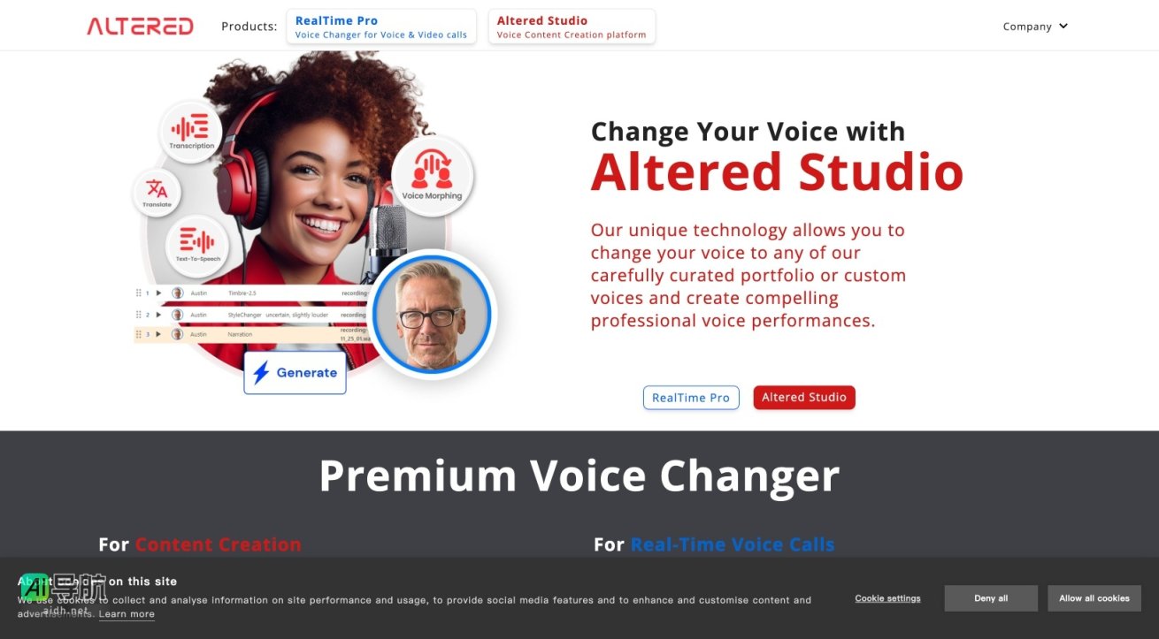 Altered 提供实时语音变换和内容创作平台，助力用户轻松改变声音身份与表现 网站截图