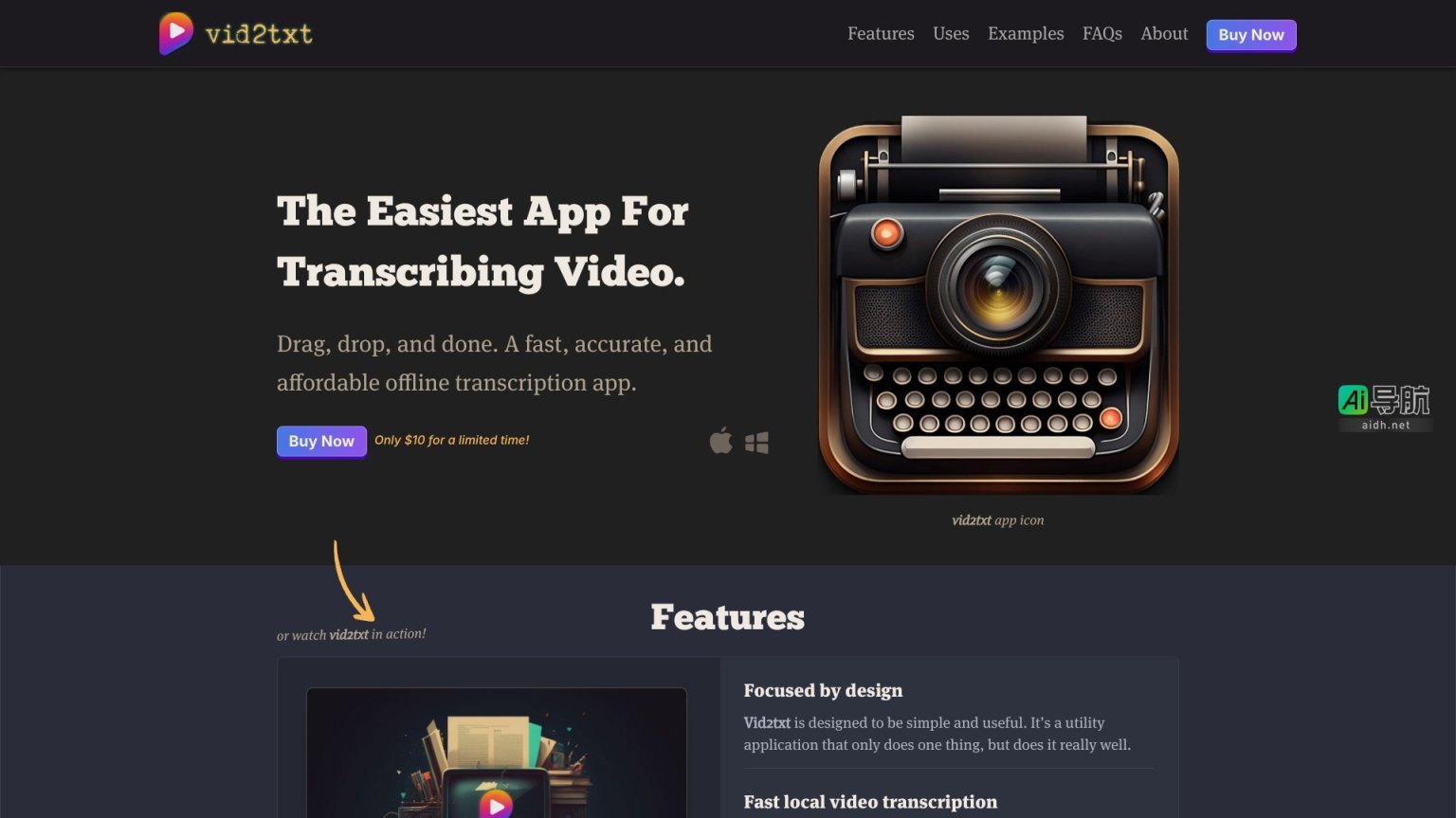 Vid2txt 提供快速、准确且经济实惠的离线视频转录服务，简化内容处理 网站截图
