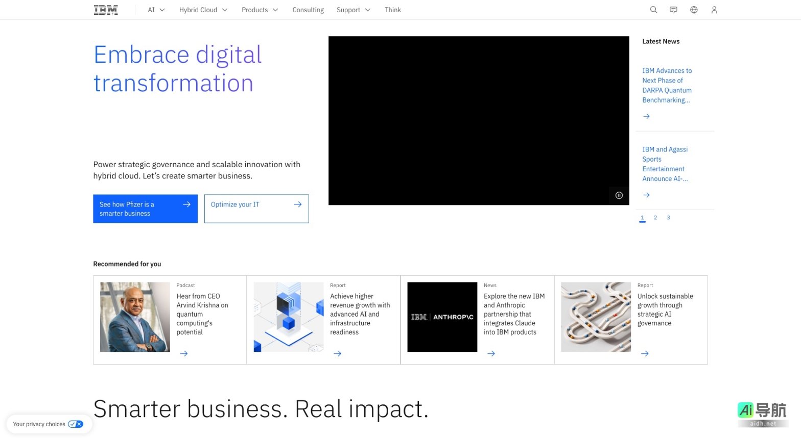 IBM 致力于通过混合云和AI推动企业数字化转型，实现智能商业与可持续增长 网站截图