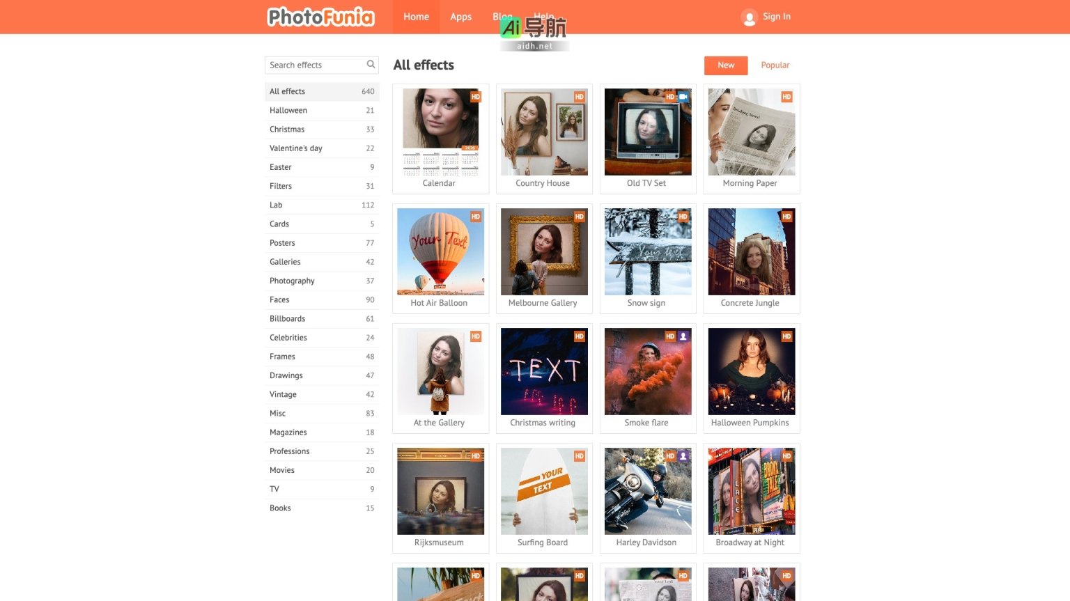 All effects PhotoFunia提供快速、免费的在线图片特效编辑服务，轻松创建高质量照片拼贴 网站截图