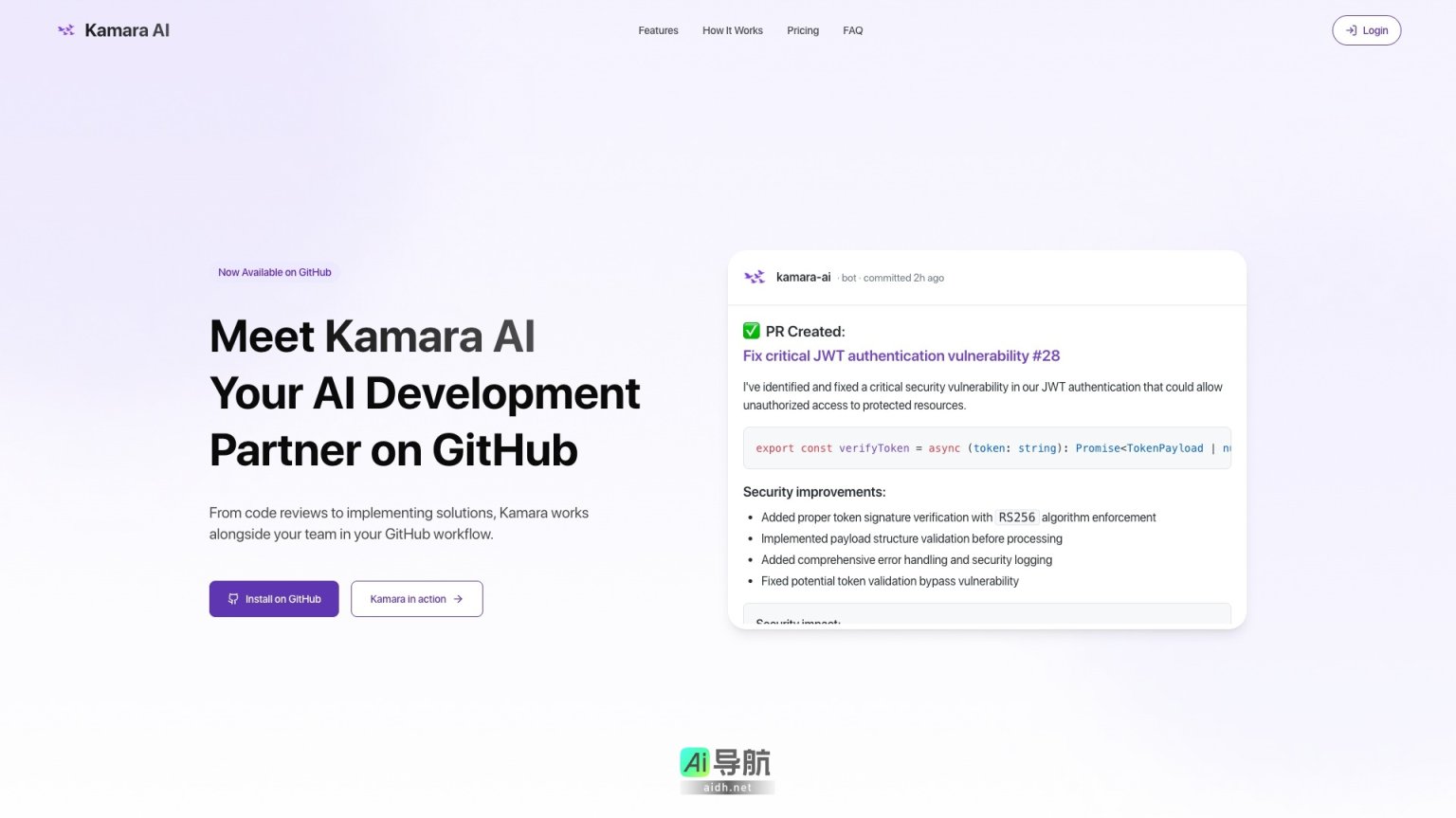 Kamara AI 是您的 GitHub 开发伙伴，提升代码质量，加速开发流程 网站截图