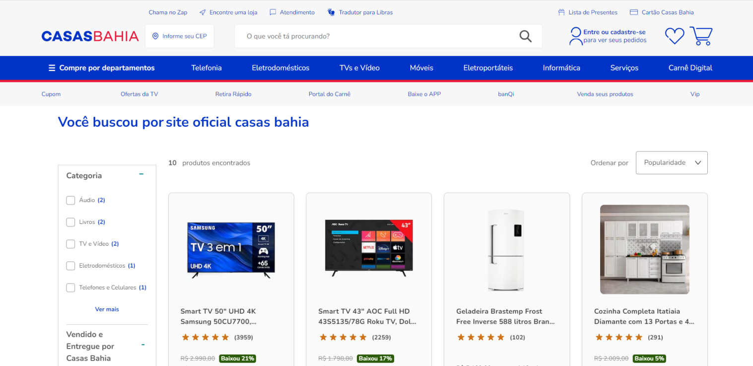 Casas Bahia 网站截图
