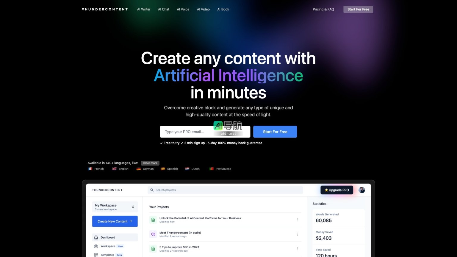 Thundercontent 是一个全方位的AI内容创作平台，帮助用户快速生成高质量原创内容 网站截图