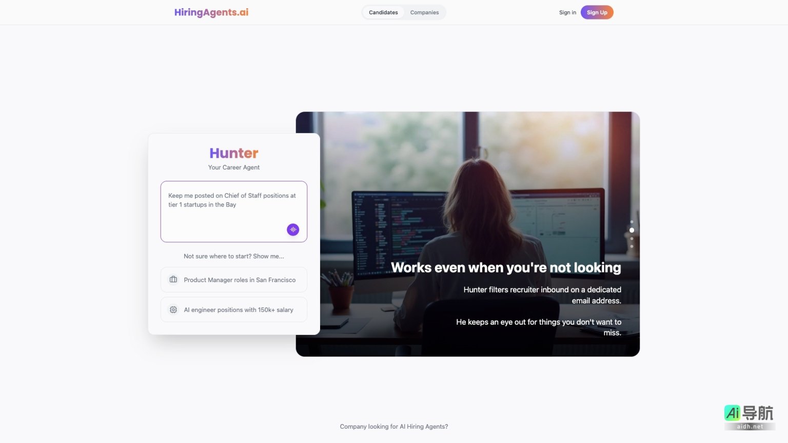 HiringAgents.ai 提供个性化AI职业代理，精准匹配工作机会，助力求职者直接接触招聘决策者 网站截图