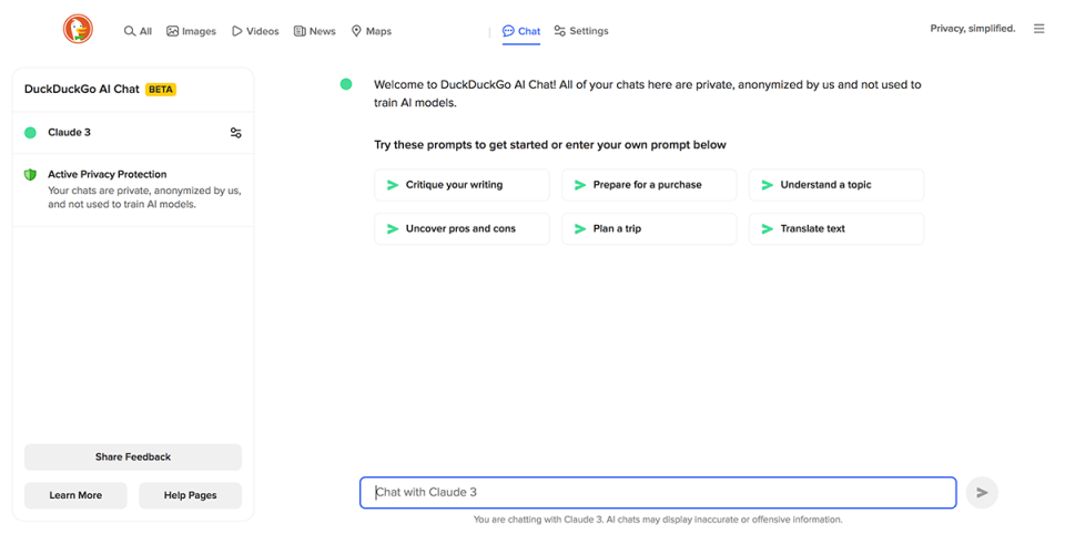 DuckDuckGo AI Chat 网站截图