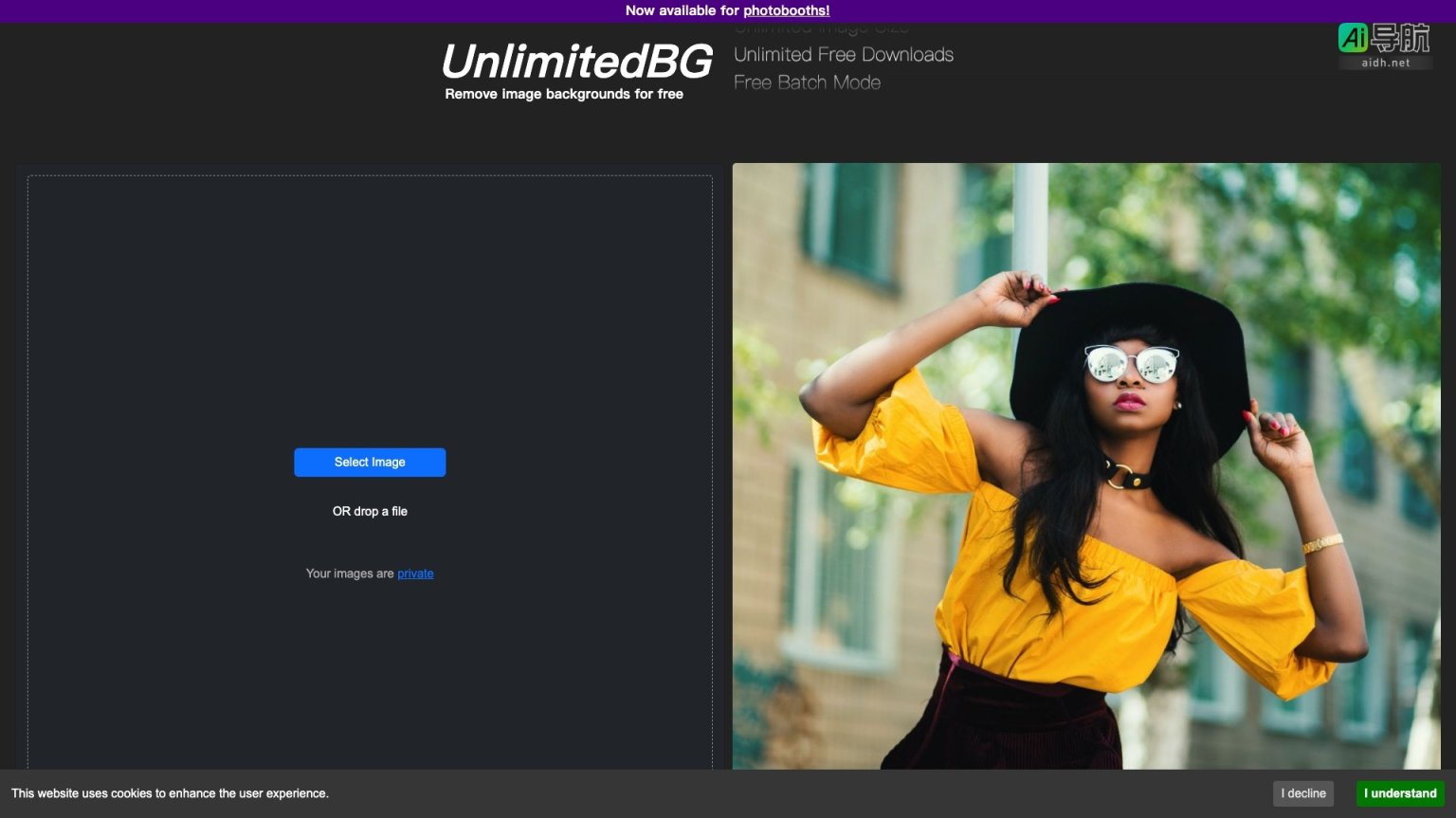 UnlimitedBG 提供免费无水印的图像背景去除服务，支持批量处理和高分辨率图像 网站截图