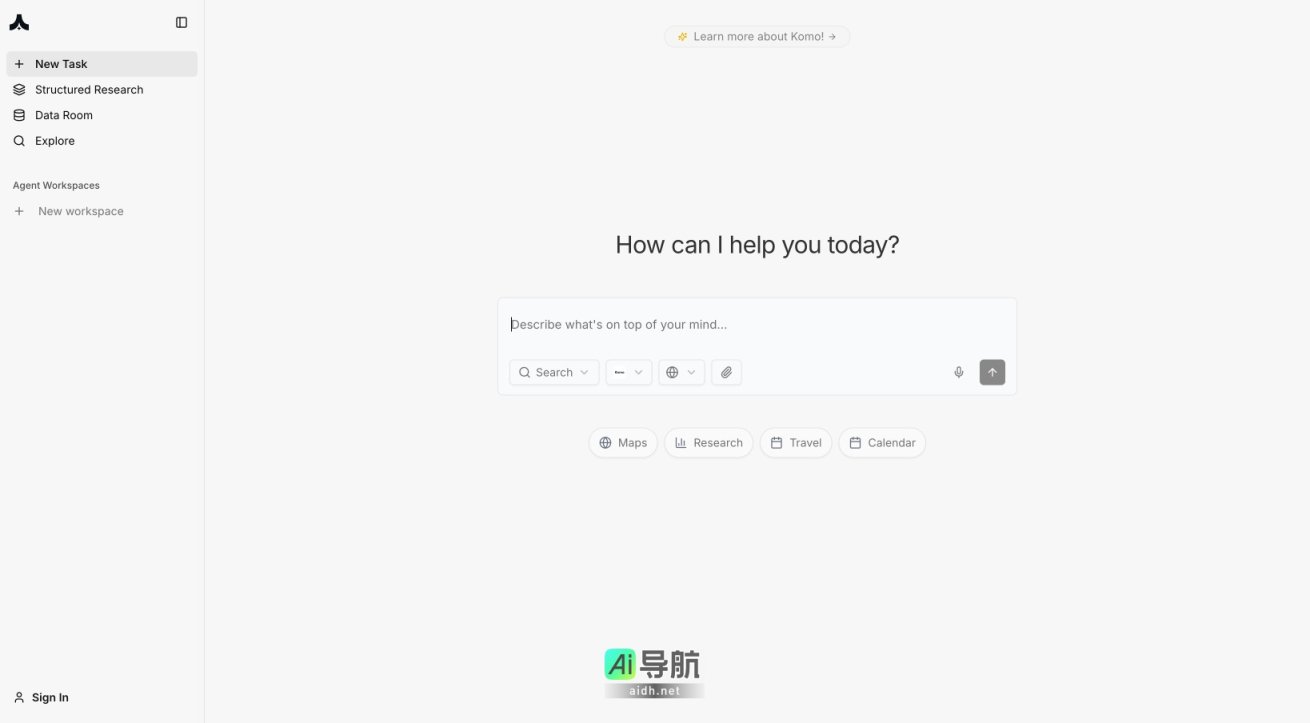 Komo AI Komo是一个智能助手平台，提供高效的研究和数据管理工具 网站截图