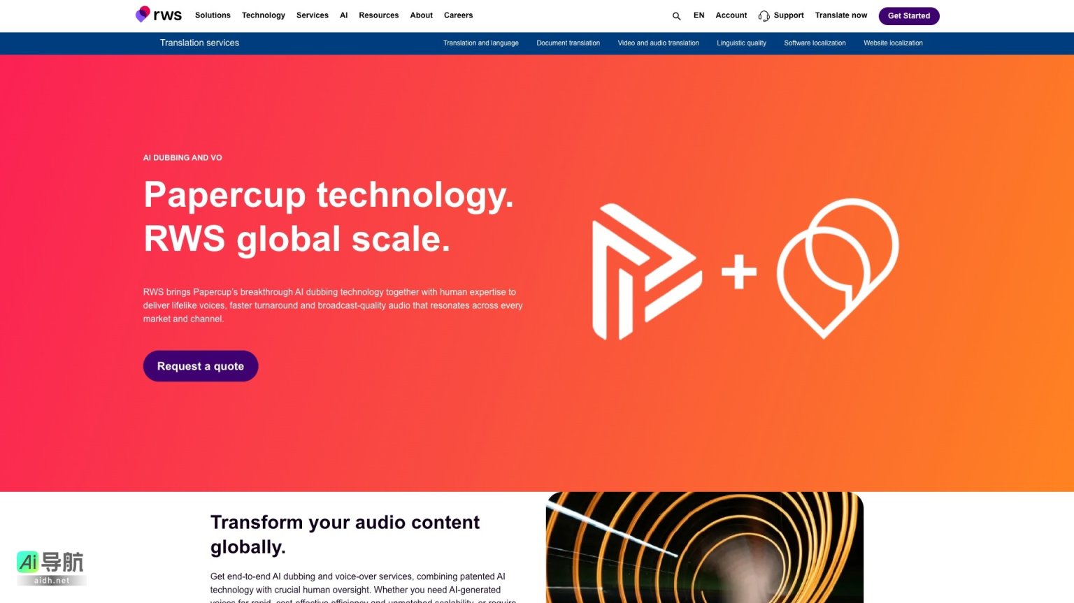 RWS 专注于结合AI技术与人类专业，提供高质量的全球音频内容本地化服务 网站截图