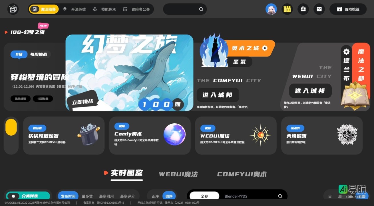 AIGODLIKE 致力于开源魔法冒险，提供丰富的图鉴与挑战体验 网站截图