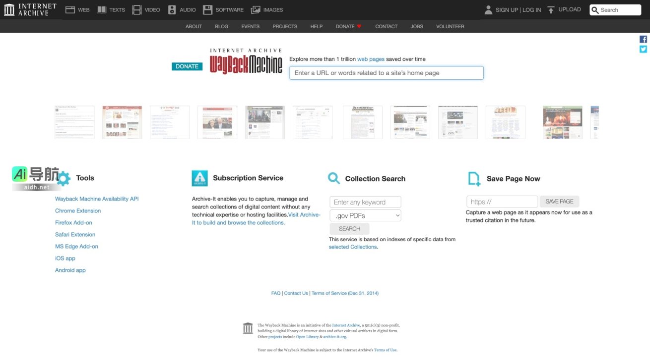 Wayback Machine 提供超过一万亿网页的存档，帮助用户查找和引用历史互联网内容 网站截图
