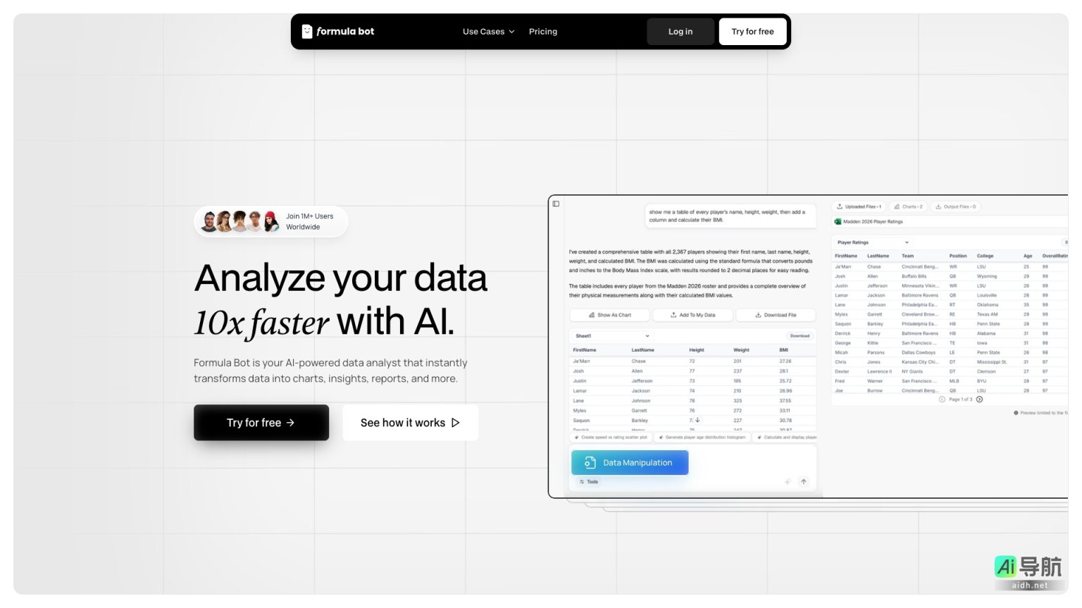 Formula Bot 是一个AI驱动的数据分析平台，快速转换数据为可视化和洞察，提升分析效率 网站截图