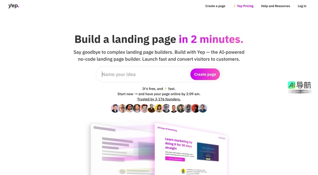 Yep.so 是一个AI驱动的无代码快速落地页构建工具，帮助用户轻松创建高转化率页面 网站截图